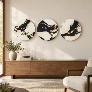 Round Black and Cream Marble Ink Disc Trio, Second Set in black — front view