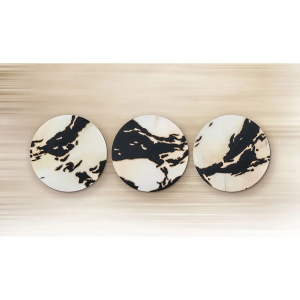 Round Black and Cream Marble Ink Disc Trio, Second Set in black — in a room setting