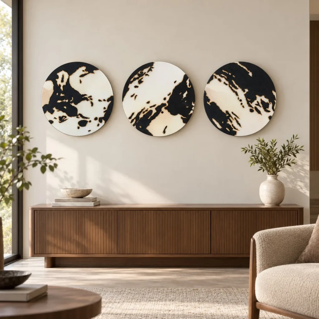 Round Black and Cream Marble Ink Disc Trio, Third Set in black — front view