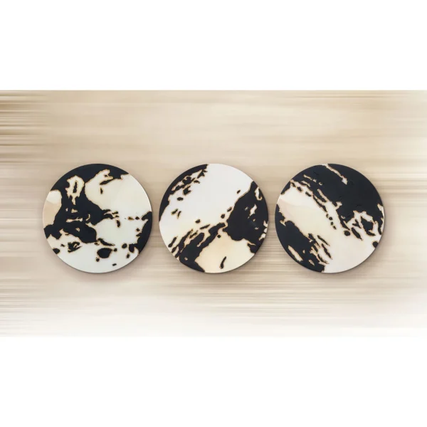 Round Black and Cream Marble Ink Disc Trio, Third Set in black — in a room setting