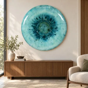 Round Turquoise Glazed Disc Wall Art, 100 cm in blue — front view