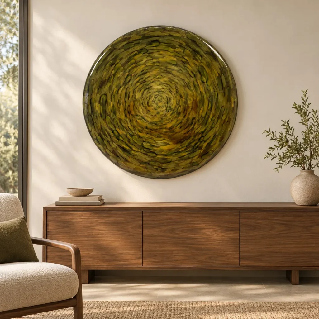 Round Olive Spiral Glazed Disc Wall Art, 100 cm in olive — front view