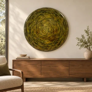 Round Olive Spiral Glazed Disc Wall Art, 100 cm in olive — front view