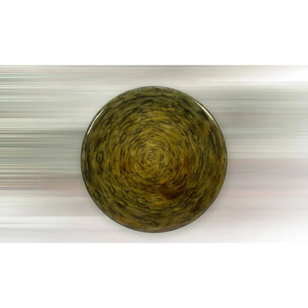 Round Olive Spiral Glazed Disc Wall Art, 100 cm in olive — in a room setting