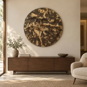Round Gold and Charcoal Crackle Disc Relief, 90 cm in brushed brass — front view