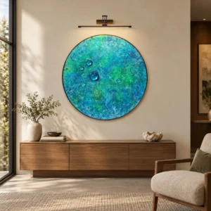 Round Blue-Green Mottled Disc Wall Art, 100 cm in blue — front view