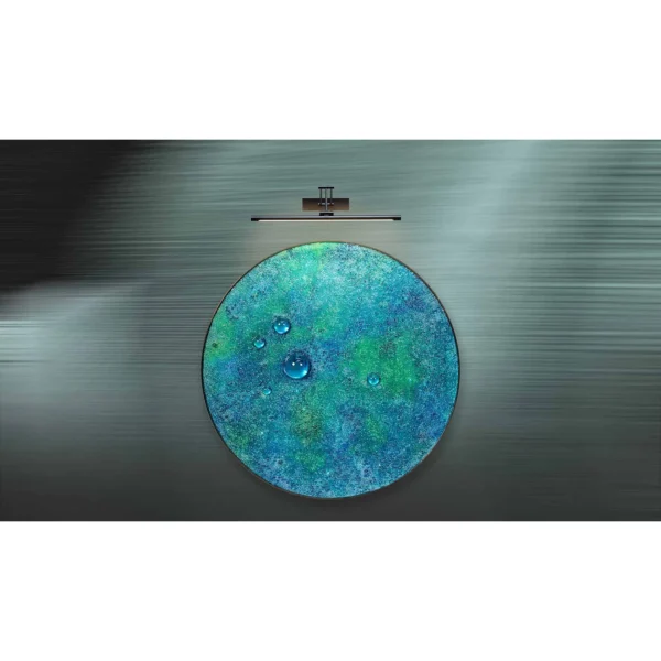 Round Blue-Green Mottled Disc Wall Art, 100 cm in blue — in a room setting
