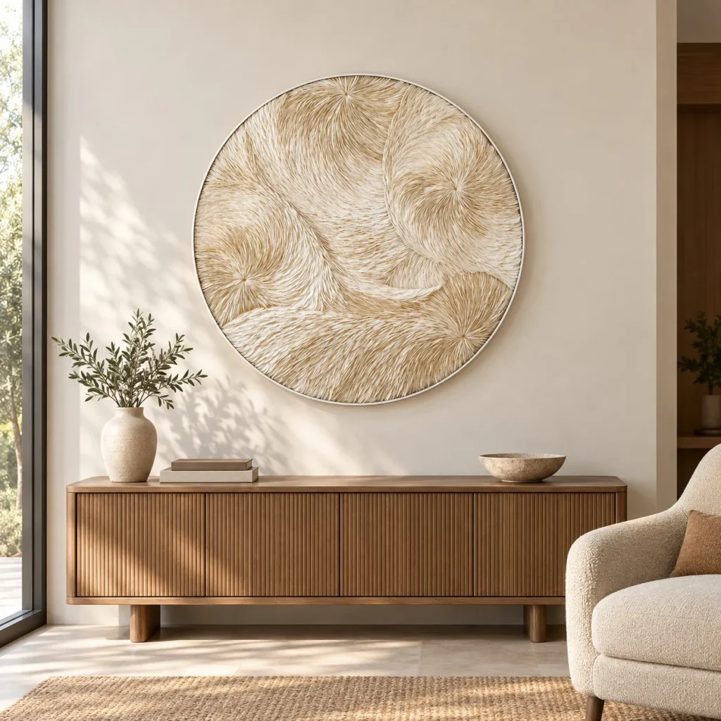 Round Cream Feather Swirl Relief Wall Art, 100 cm in oatmeal — front view