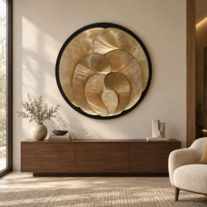 Round Gold Petal Relief Wall Art in Black Ring, 120 cm — front view