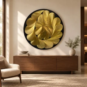 Round Gold Ginkgo Leaf Relief in Black Ring, 120 cm — front view