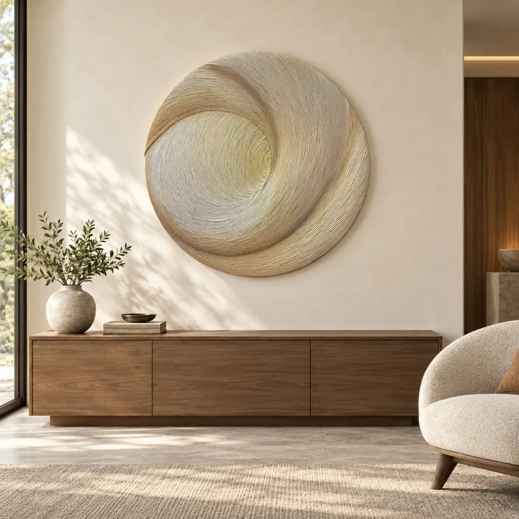 Round Cream Ribbon Swirl Relief Wall Art, 100 cm in oatmeal — front view