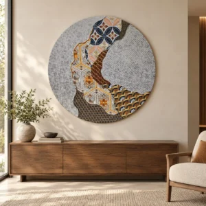 Round Patchwork Textile Wall Art in Grey and Pattern, 100 cm — front view
