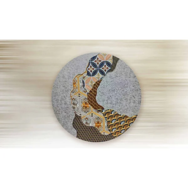 Round Patchwork Textile Wall Art in Grey and Pattern, 100 cm — in a room setting