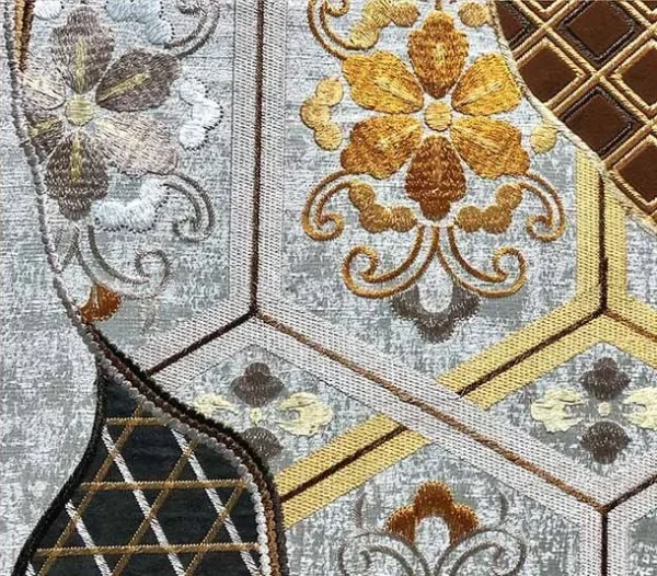 Round Patchwork Textile Wall Art in Grey and Pattern, 100 cm — detail