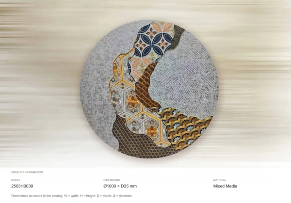 Round Patchwork Textile Wall Art in Grey and Pattern, 100 cm — dimensions