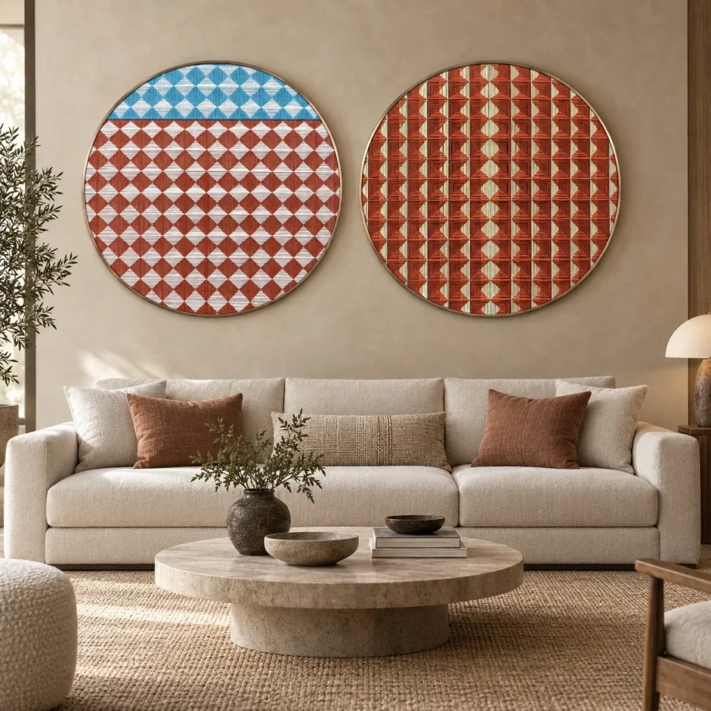 Round Geometric Tile Disc Set of 2 in Rust and Blue — front view