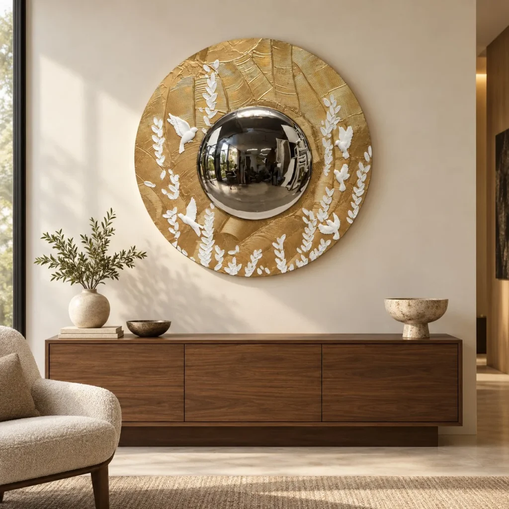 Round Gold Bird Disc with Convex Mirror, 100 cm in brushed brass — front view