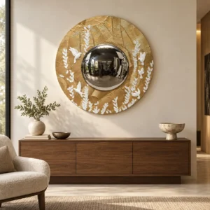 Round Gold Bird Disc with Convex Mirror, 100 cm in brushed brass — front view