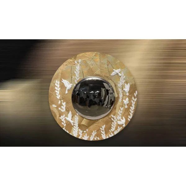 Round Gold Bird Disc with Convex Mirror, 100 cm in brushed brass — in a room setting