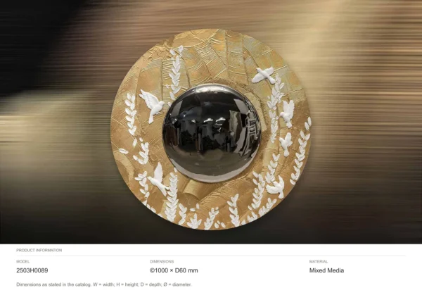 Round Gold Bird Disc with Convex Mirror, 100 cm in brushed brass — dimensions