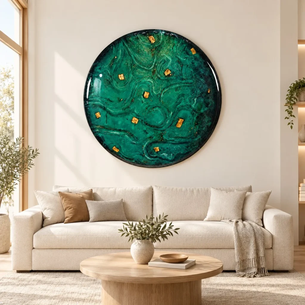 Round Malachite Glazed Disc with Gold Flecks, 150 cm in olive — front view