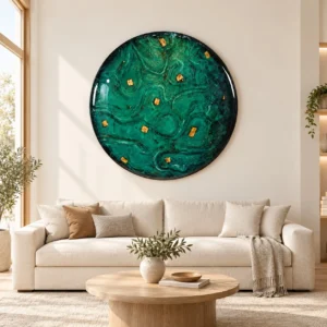 Round Malachite Glazed Disc with Gold Flecks, 150 cm in olive — front view