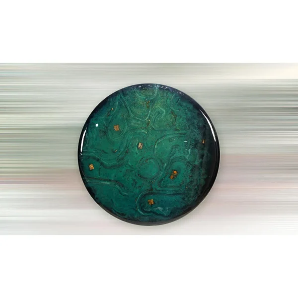 Round Malachite Glazed Disc with Gold Flecks, 150 cm in olive — in a room setting
