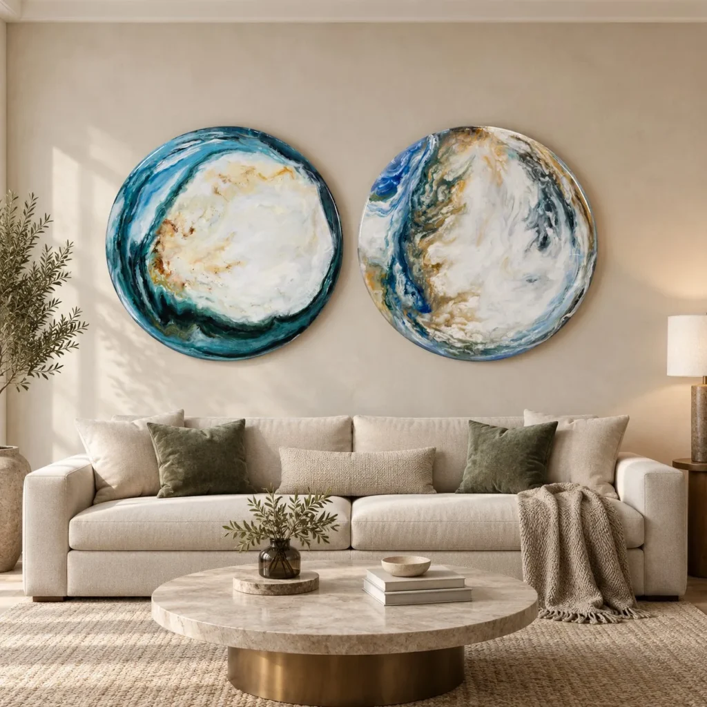 Round Marbled Teal Disc Painting Set of 2, 100 cm Each in blue — front view