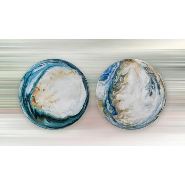 Round Marbled Teal Disc Painting Set of 2, 100 cm Each in blue — in a room setting