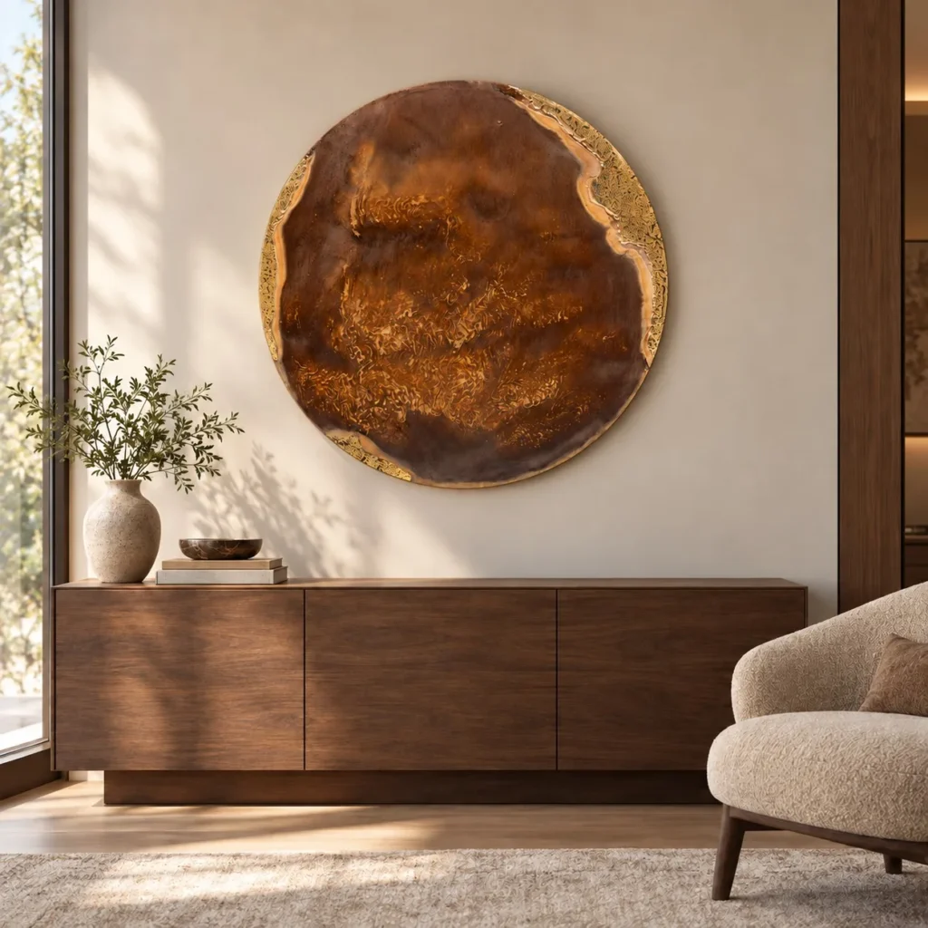 Round Amber Agate Slice Wall Art, 90 cm in rust — front view