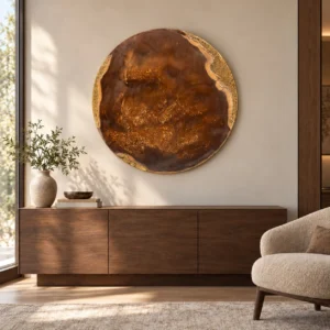 Round Amber Agate Slice Wall Art, 90 cm in rust — front view