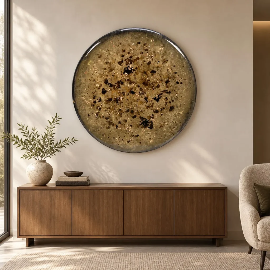 Round Speckled Glazed Disc in Sand and Black, 100 cm — front view