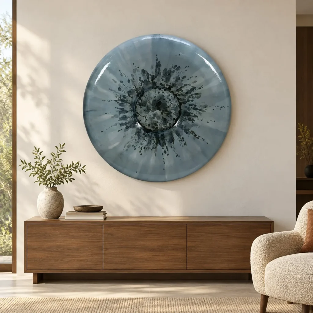 Round Blue Glazed Disc with Ink Splash Centre, 100 cm in blue — front view