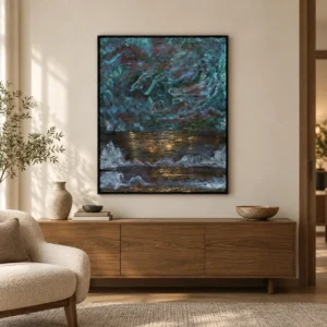 Teal Mineral Texture Panel in Black Frame, 80 x 120 cm — front view