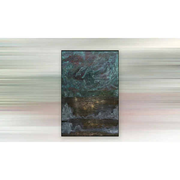 Teal Mineral Texture Panel in Black Frame, 80 x 120 cm — in a room setting