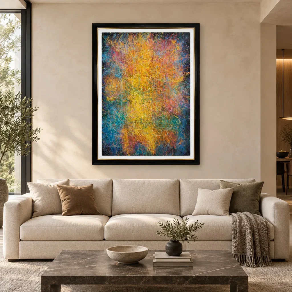 Rainbow Speckle Painting in Black Frame, 150 x 200 cm — front view