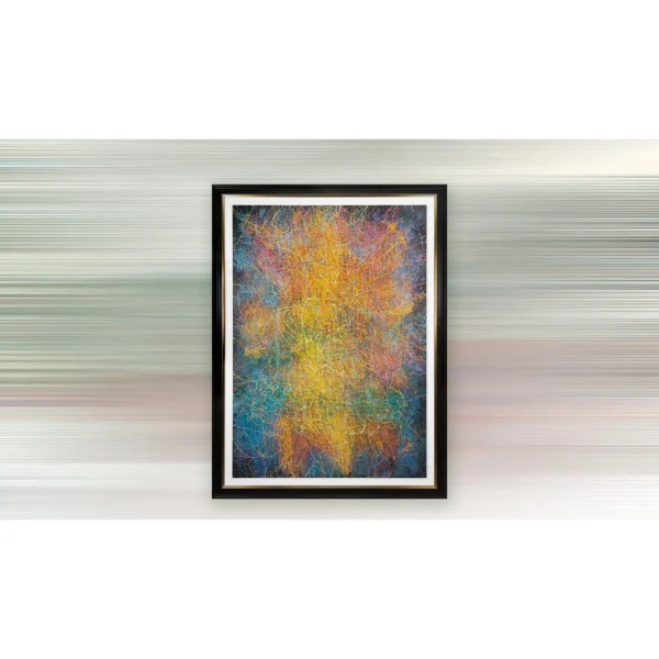 Rainbow Speckle Painting in Black Frame, 150 x 200 cm — in a room setting