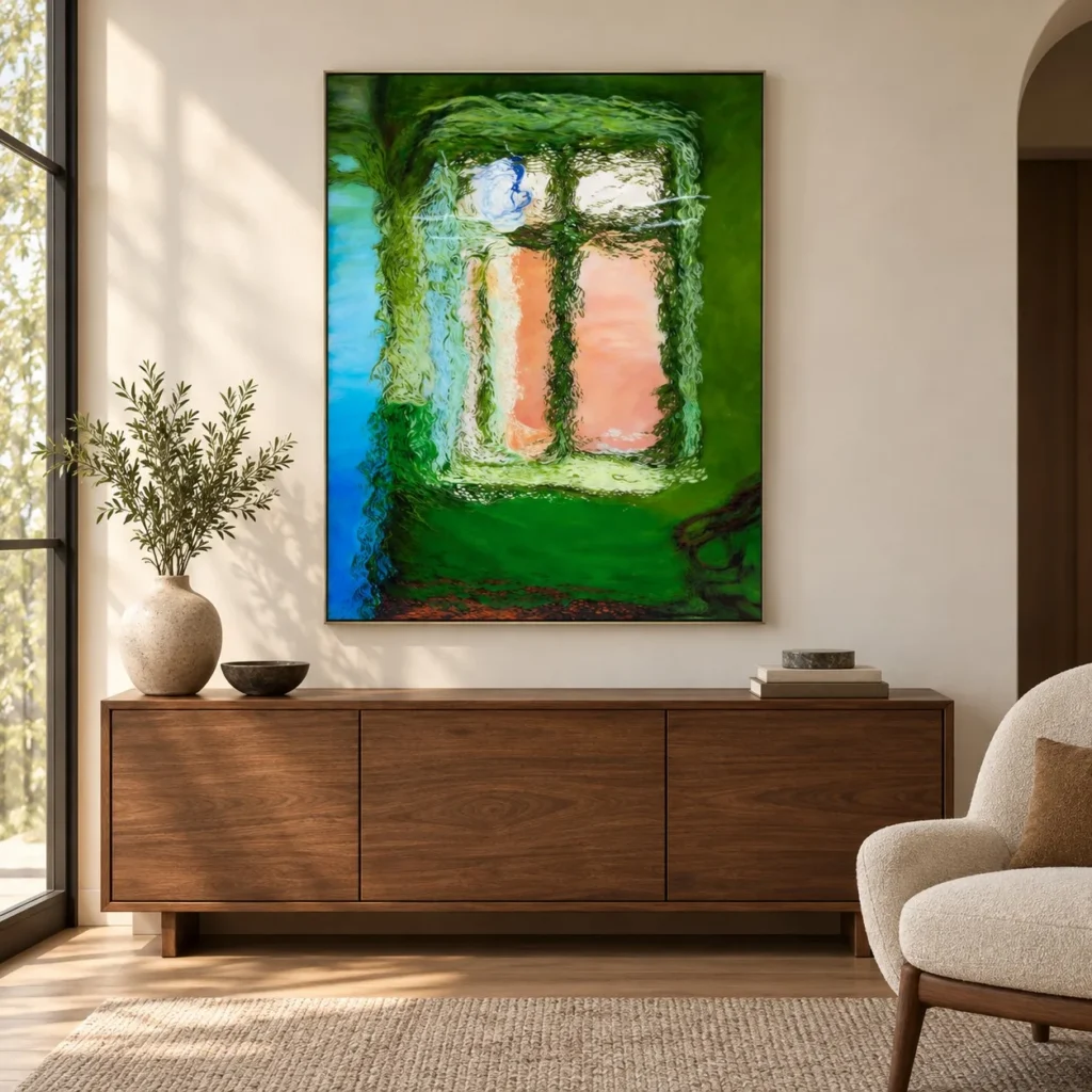 Green Window at Sunset Painting, 120 x 160 cm in olive — front view