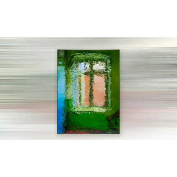 Green Window at Sunset Painting, 120 x 160 cm in olive — in a room setting