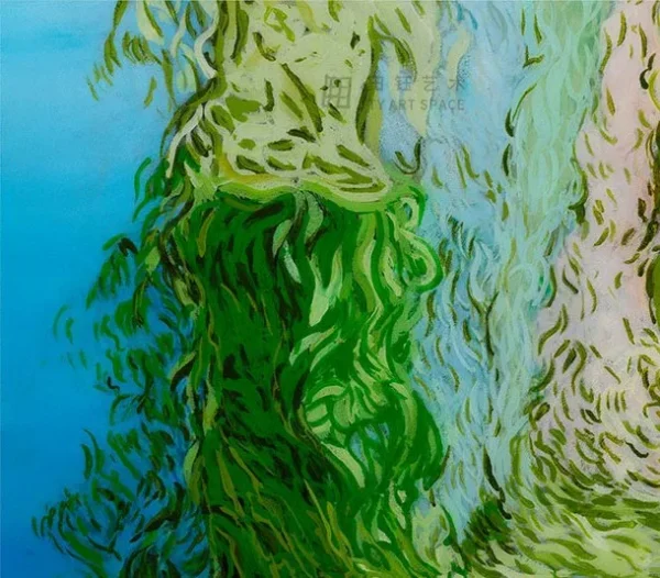 Green Window at Sunset Painting, 120 x 160 cm in olive — detail