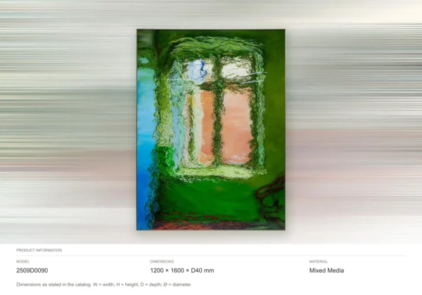 Green Window at Sunset Painting, 120 x 160 cm in olive — dimensions