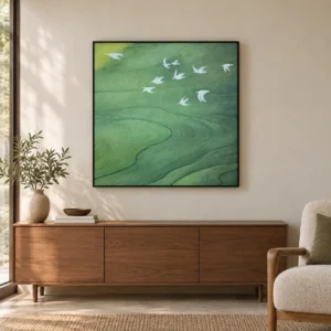 Green Field with Birds Painting in Black Frame, 70 x 70 cm — front view