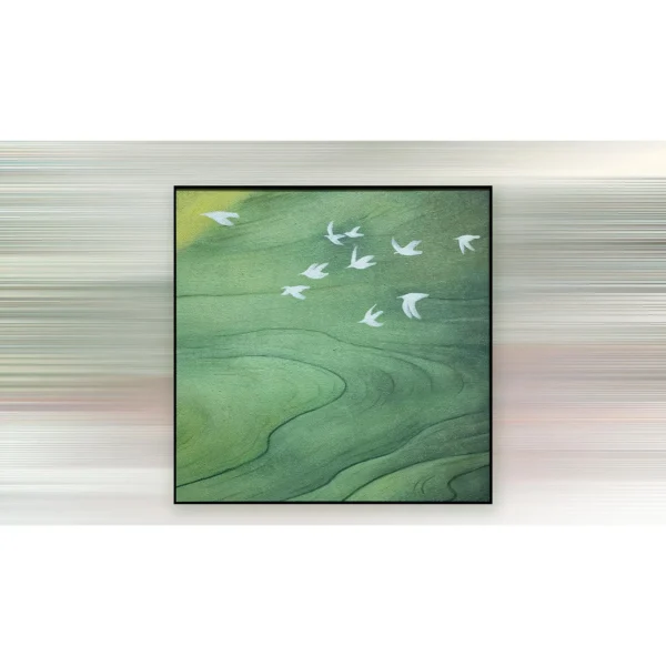 Green Field with Birds Painting in Black Frame, 70 x 70 cm — in a room setting