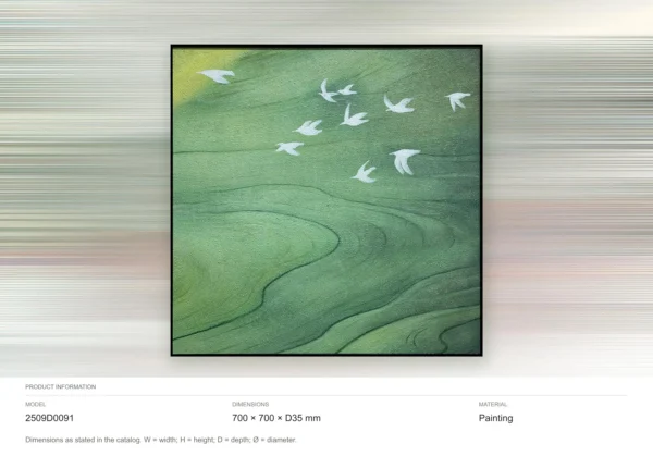 Green Field with Birds Painting in Black Frame, 70 x 70 cm — dimensions