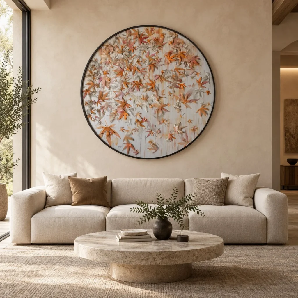 Round Maple Leaf Relief in Orange and Cream, 150 cm — front view