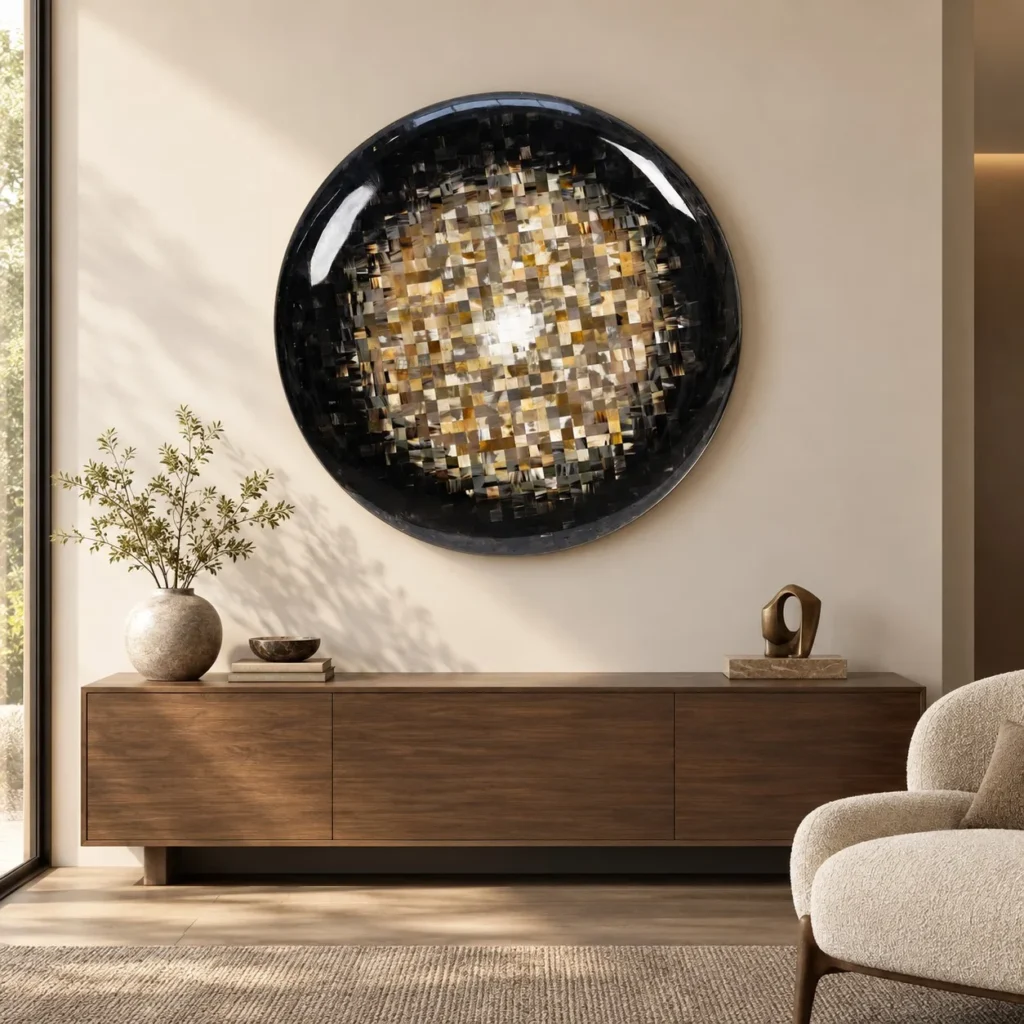 Round Black Bowl Relief with Gold Mosaic Centre, 120 cm in black — front view