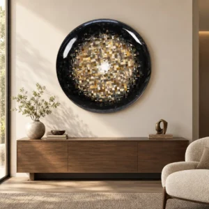 Round Black Bowl Relief with Gold Mosaic Centre, 120 cm in black — front view