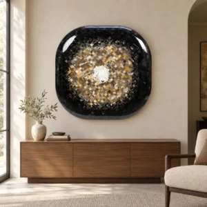 Rounded Square Black Bowl Relief with Gold Mosaic, 120 cm in black — front view