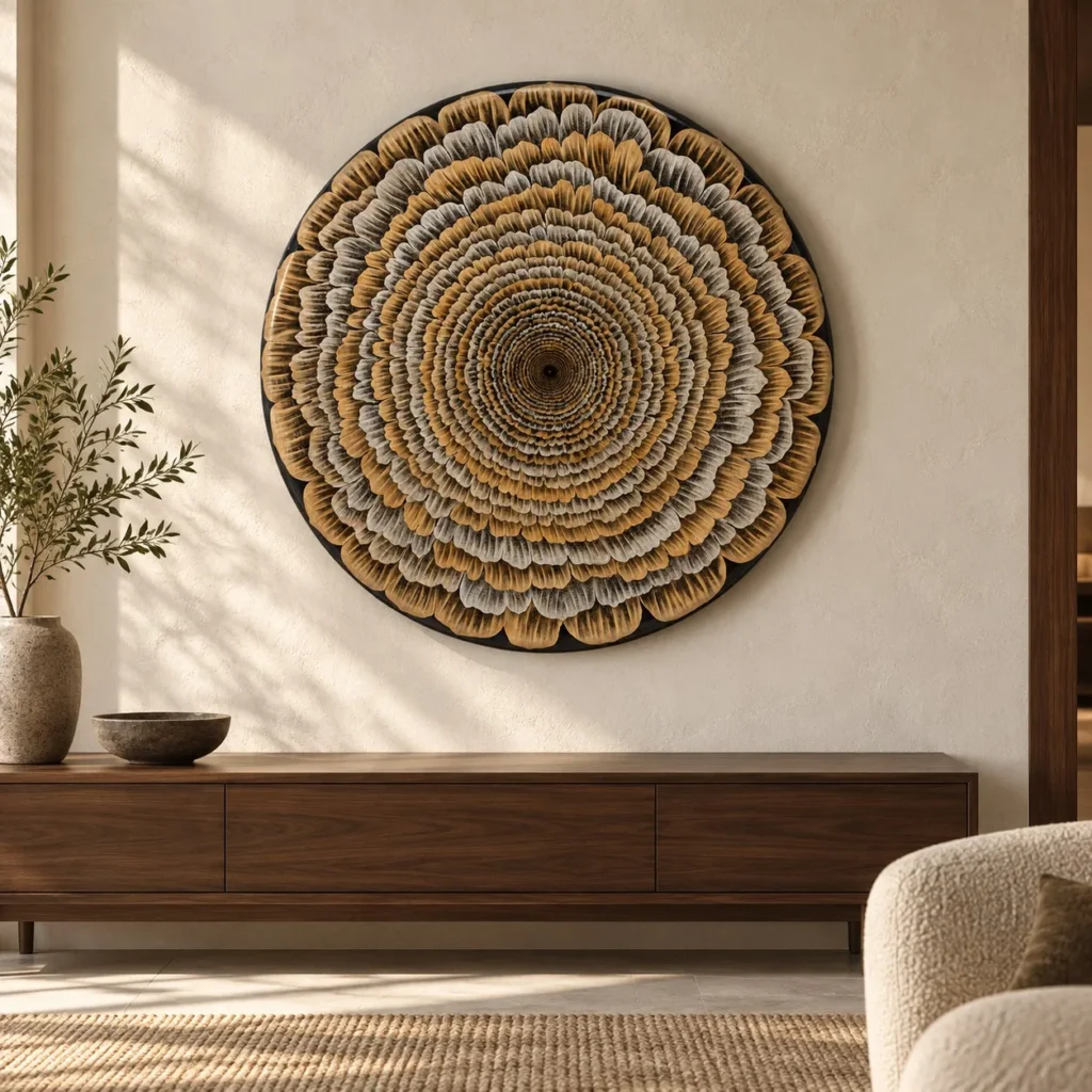 Round Carved Wood Feather Disc with Lacquer, 120 cm in brushed brass — front view