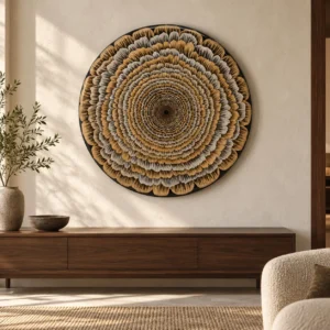 Round Carved Wood Feather Disc with Lacquer, 120 cm in brushed brass — front view
